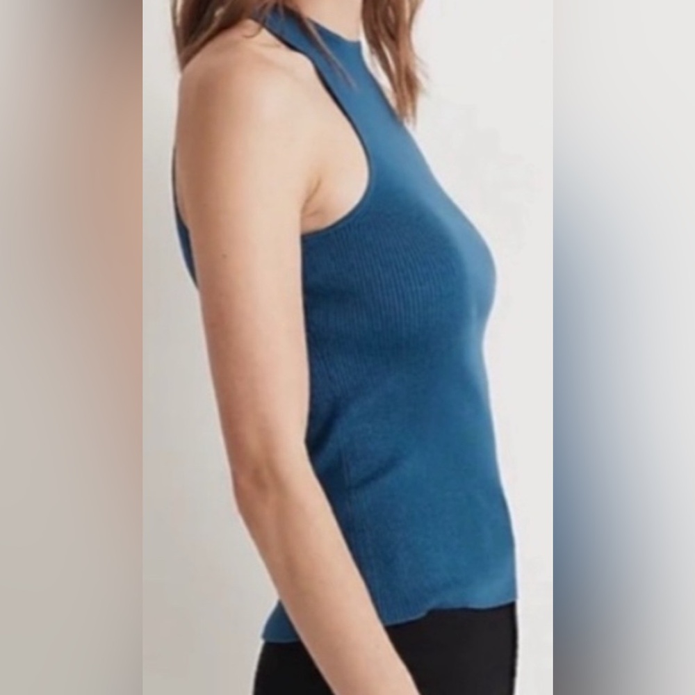 Sleeveless Ribbed High-Neck Tank Top - Blue - Picture 2 of 7